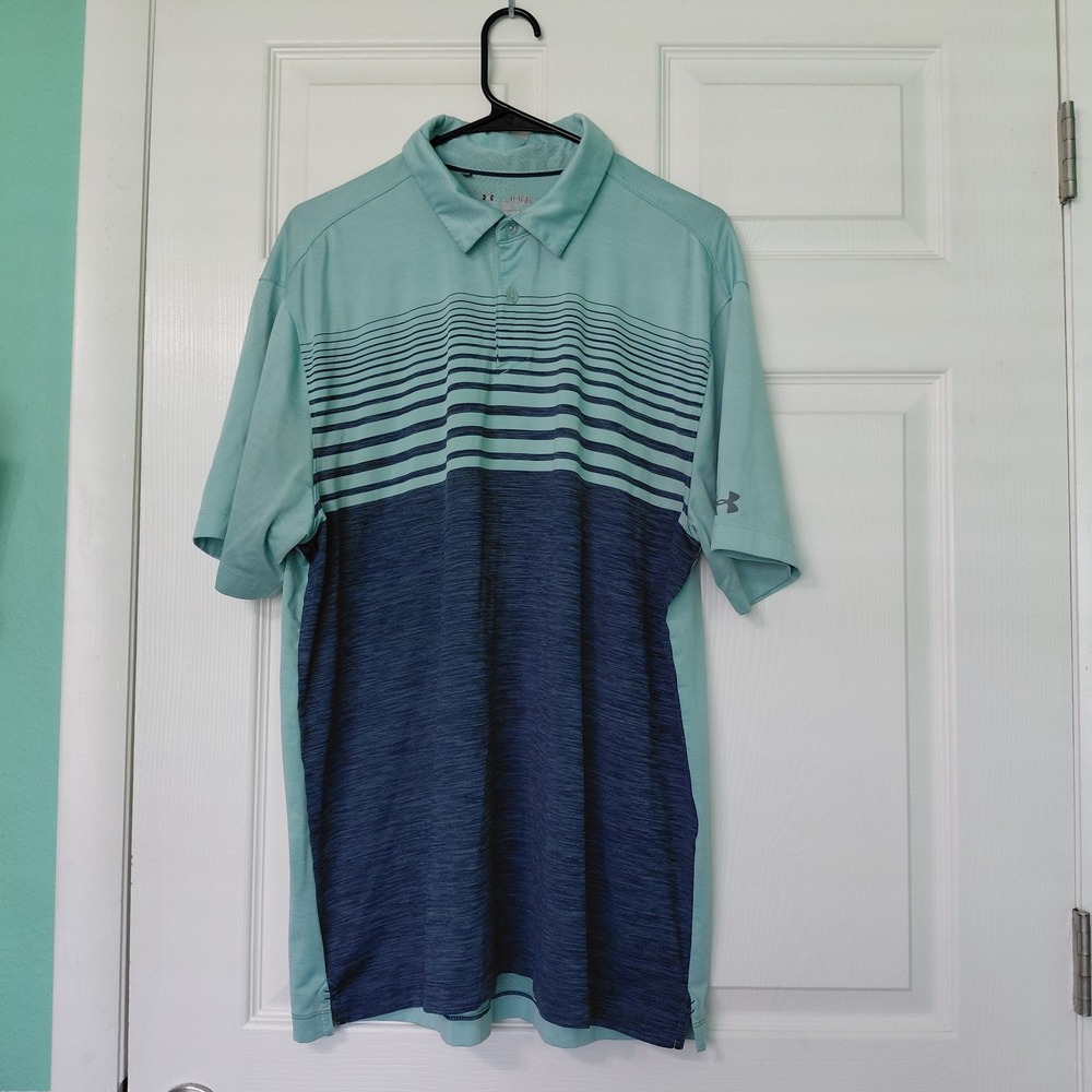 Under Armour HeatGear Mens XL Loose Fit Polo Shirt Teal Navy Blue Striped Golf